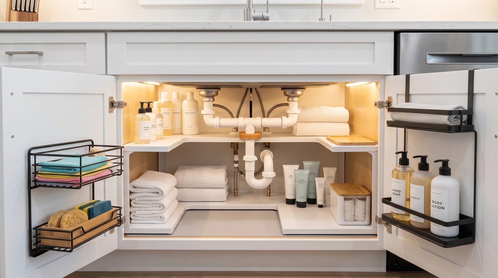 2-tier sliding under-sink organizer drawer with cleaning supplies