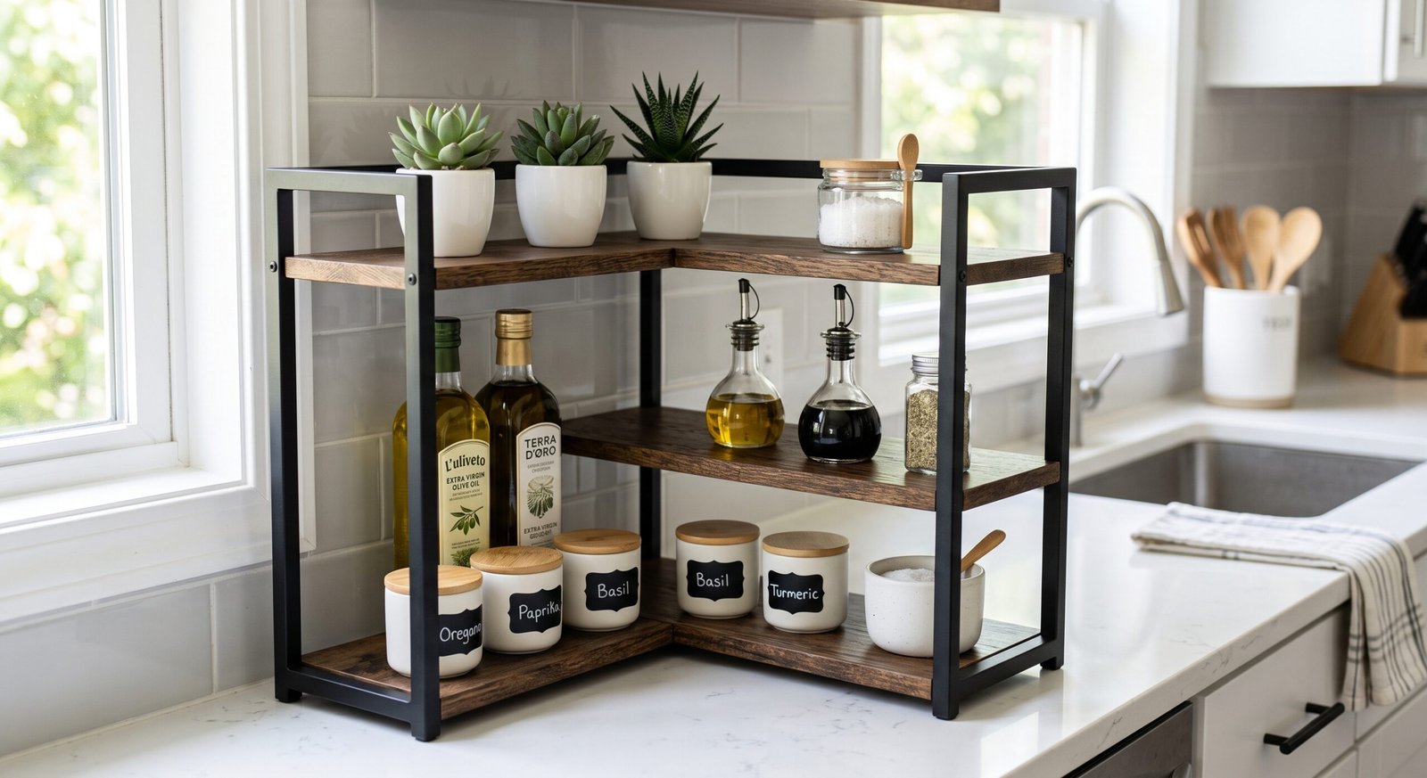 3 tier rustic wood and metal kitchen countertop corner shelf organizer