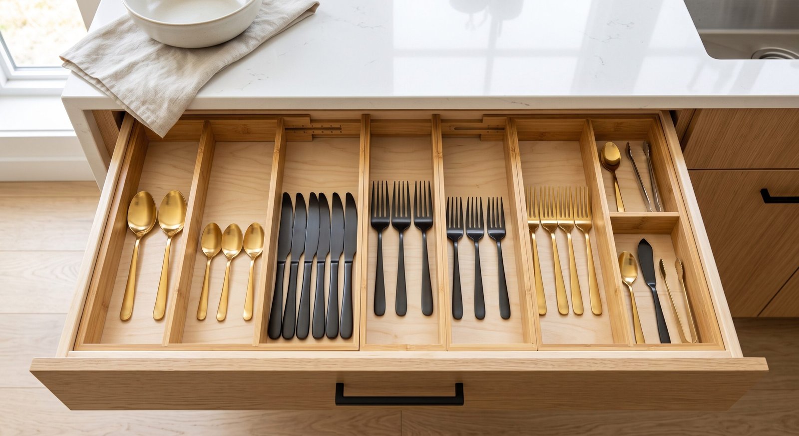 Expandable bamboo kitchen drawer divider for utensils