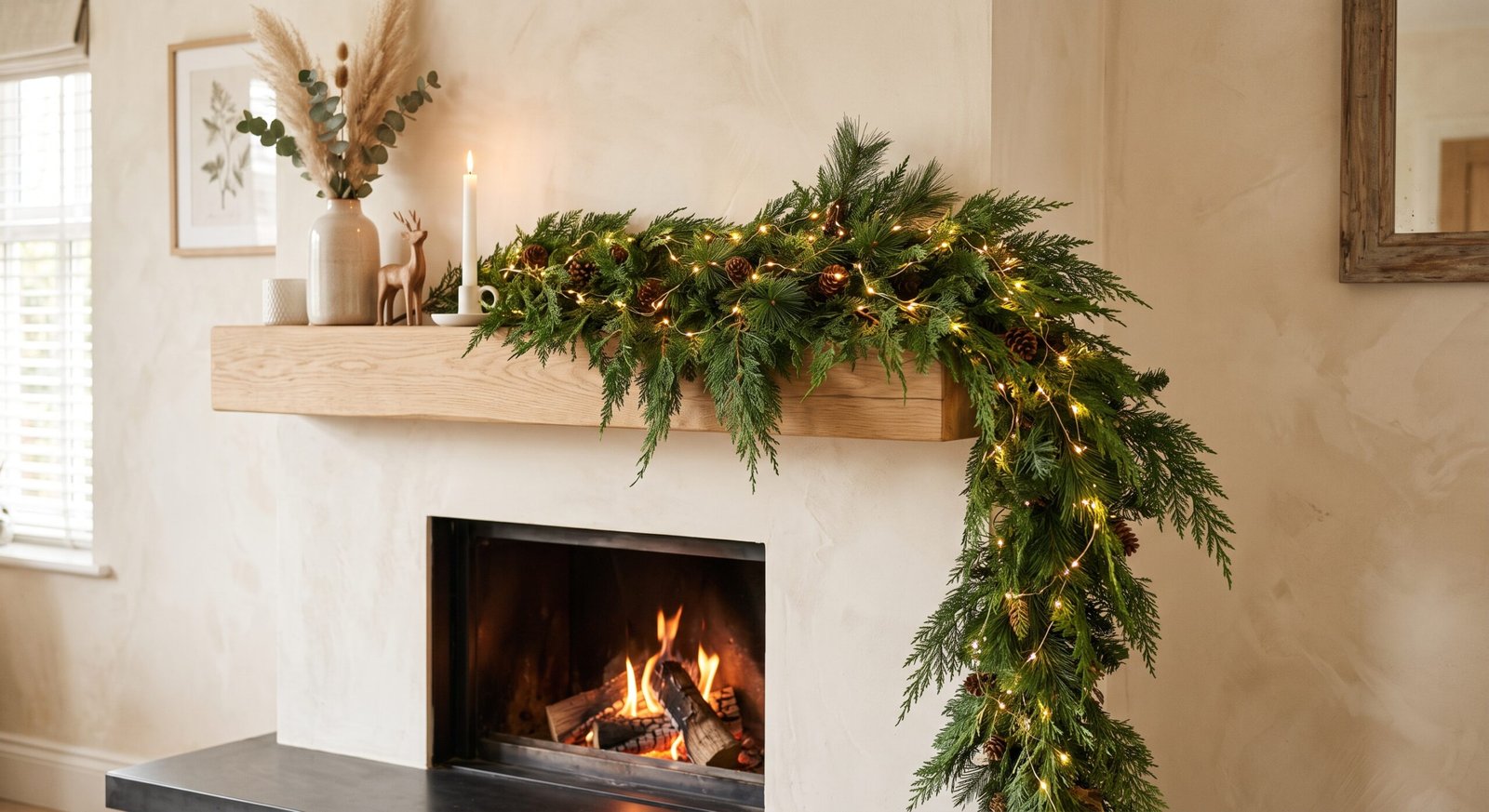 Realistic Norfolk pine garland draped on modern fireplace mantel