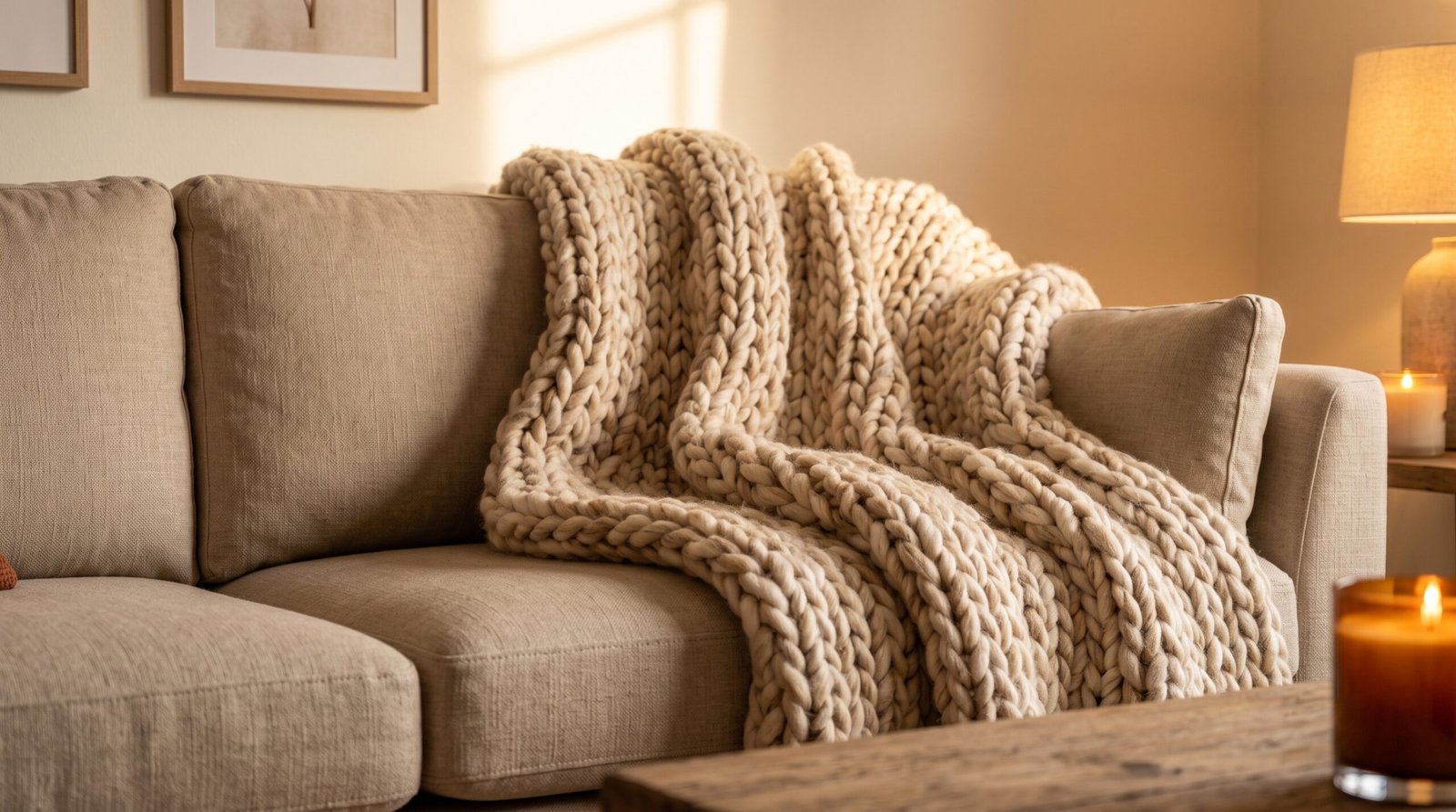 Cozy chunky knit throw blanket on sofa for fall living room decor
