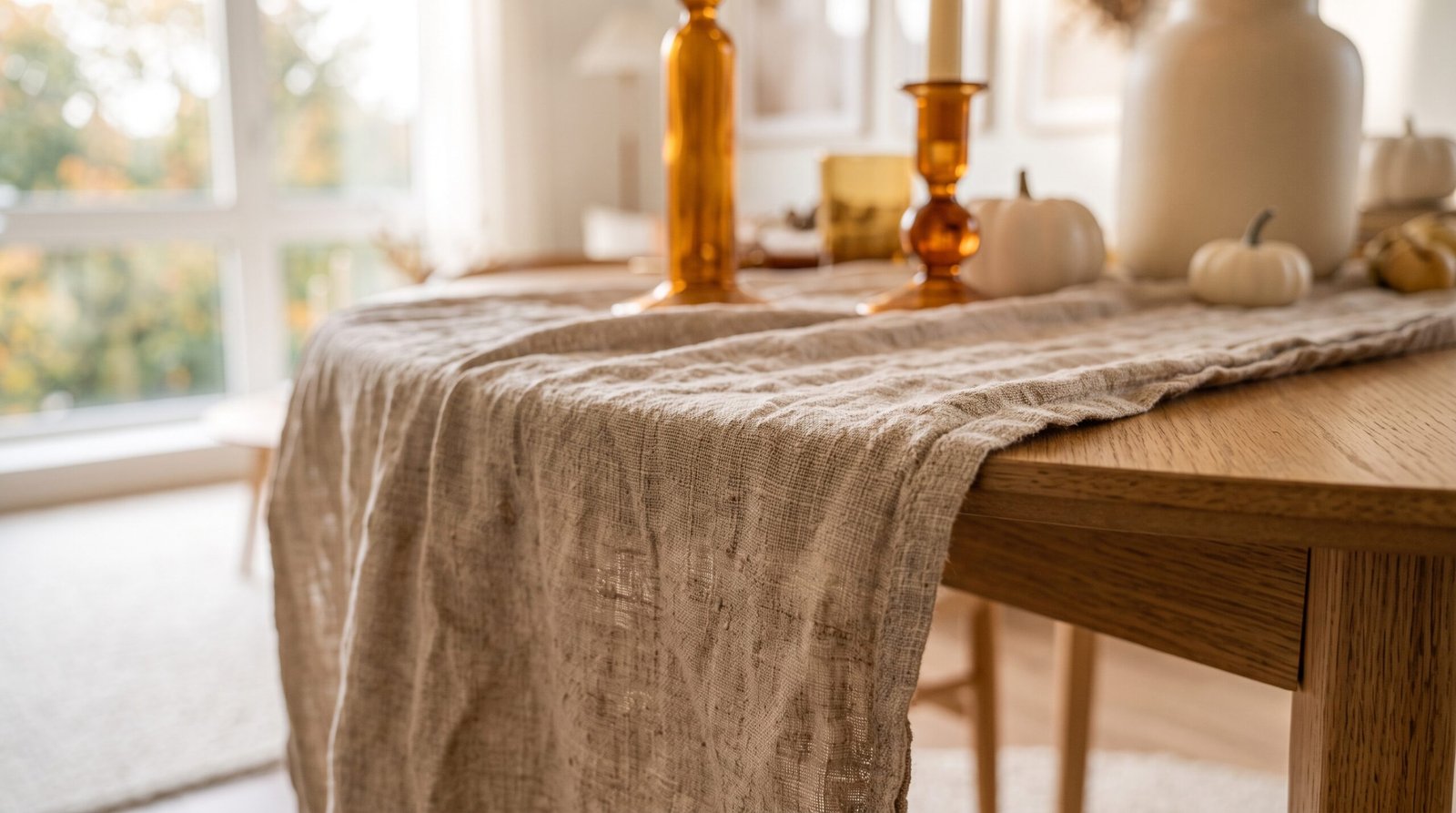 Neutral textured linen table runner styled on small wooden dining table for fall