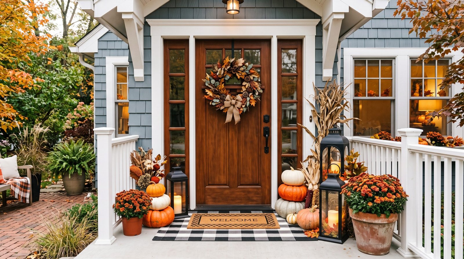 Cozy layered buffalo plaid outdoor rug with natural coir welcome mat on small front porch
