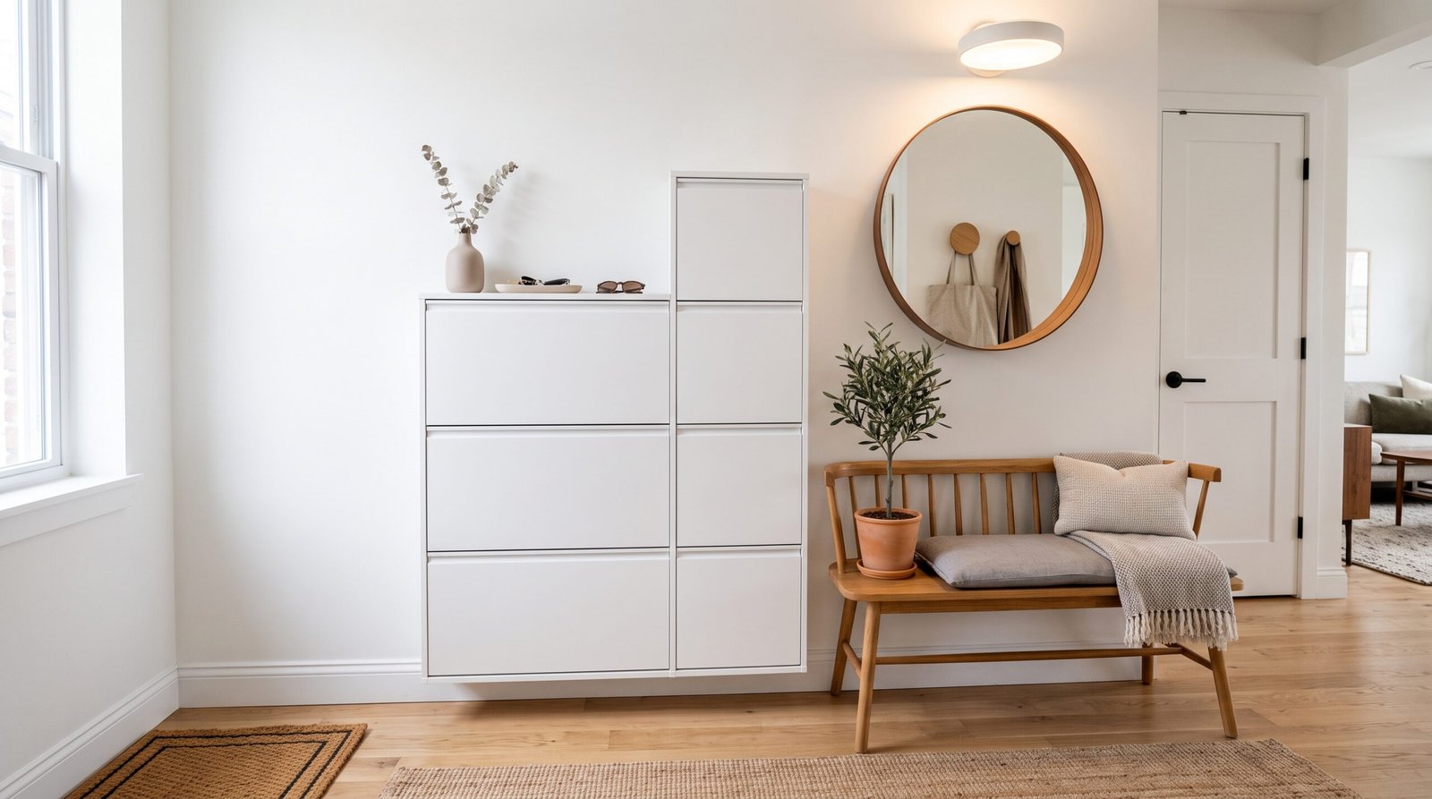 Ultra slim white flip-down shoe cabinet in narrow modern apartment entryway