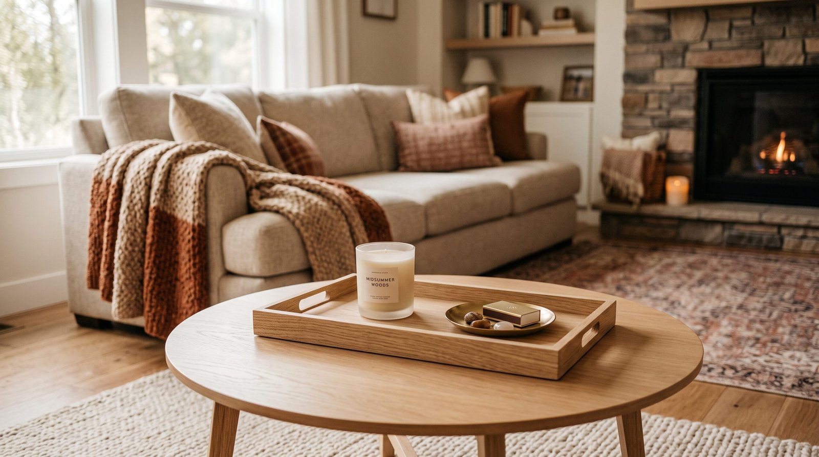 Rustic light oak wooden rectangular tray styling modern fall coffee table