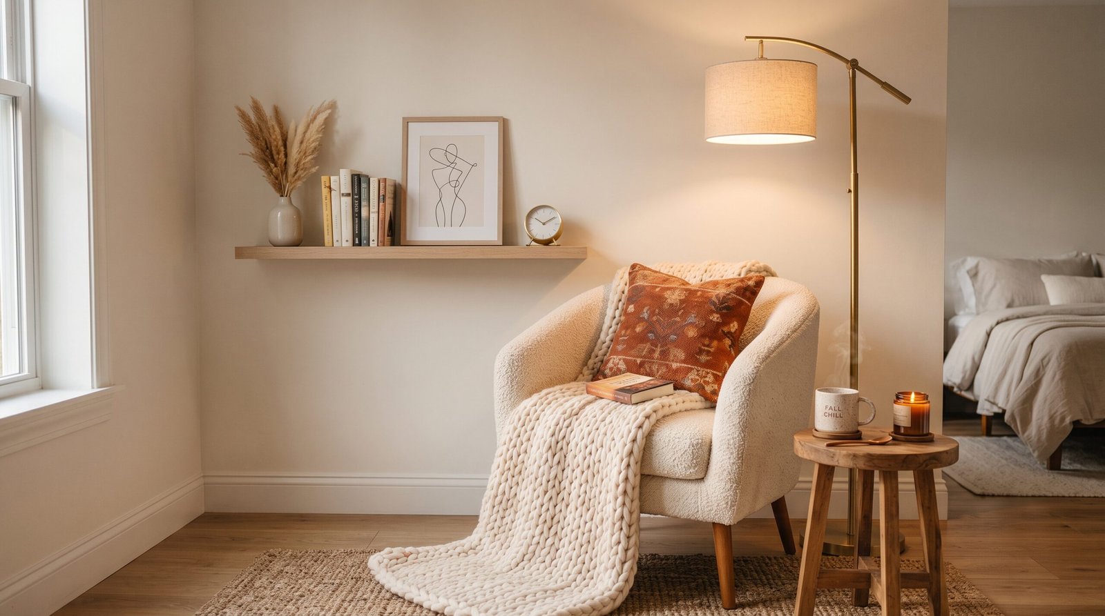 Cozy cream boucle accent armchair in fall corner reading nook