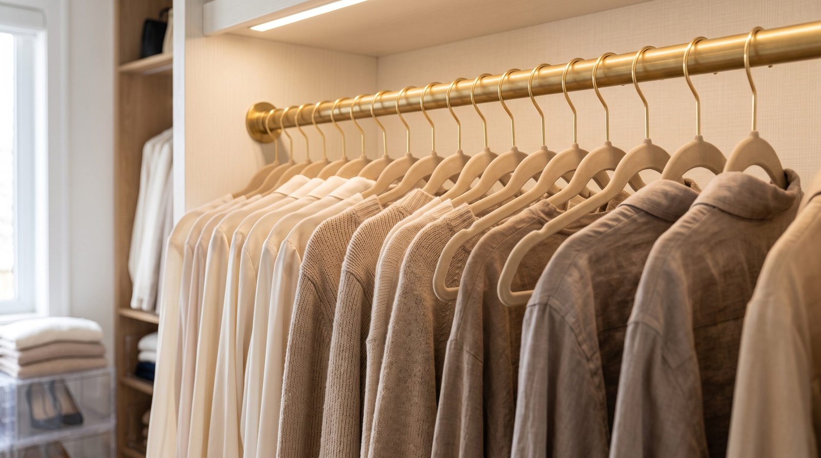 Neutral beige slim non-slip velvet hangers as closet organization essentials