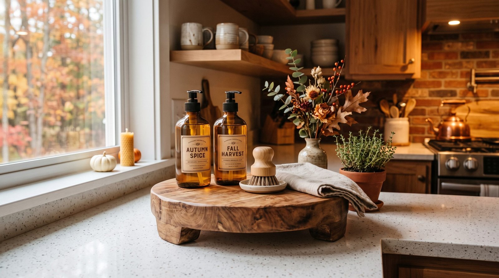 Acacia wood pedestal riser tray for fall kitchen countertop styling ideas