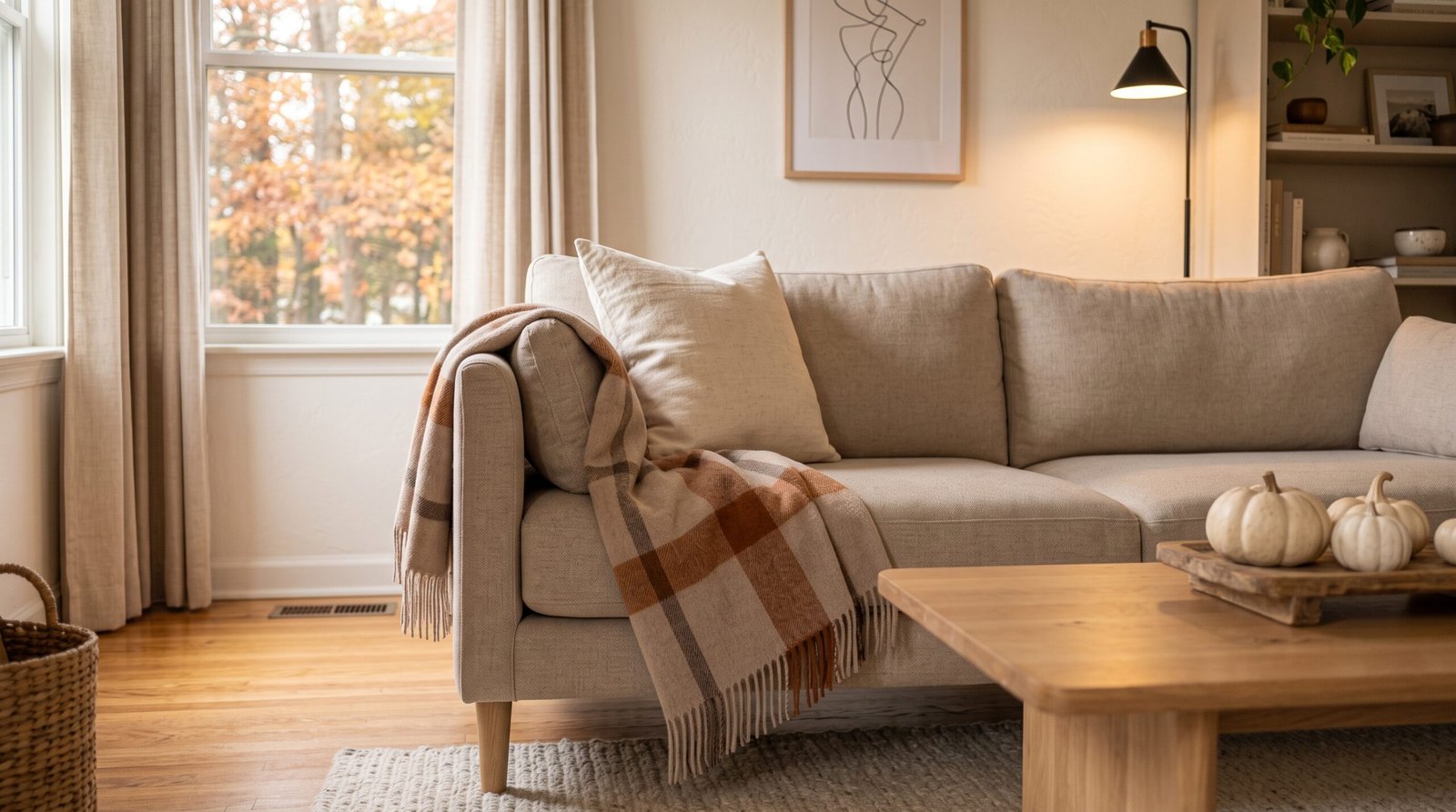 Muted wool plaid throw blanket on neutral sofa for pumpkin and plaid living room decor ideas