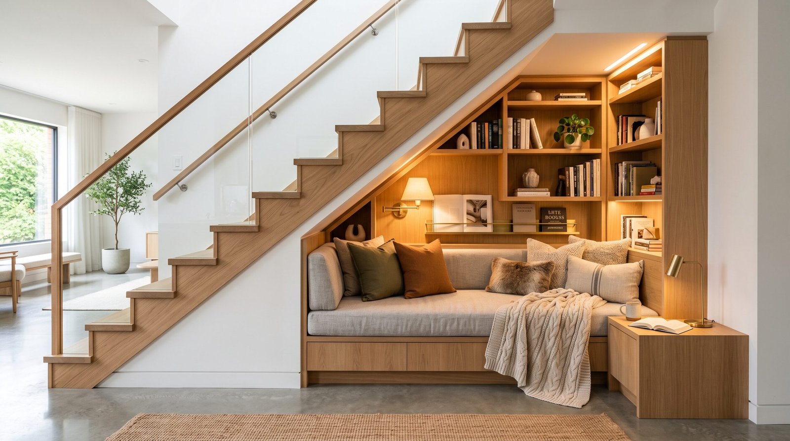 Cozy under stairs reading nook bench for under stairs storage ideas to maximize small spaces