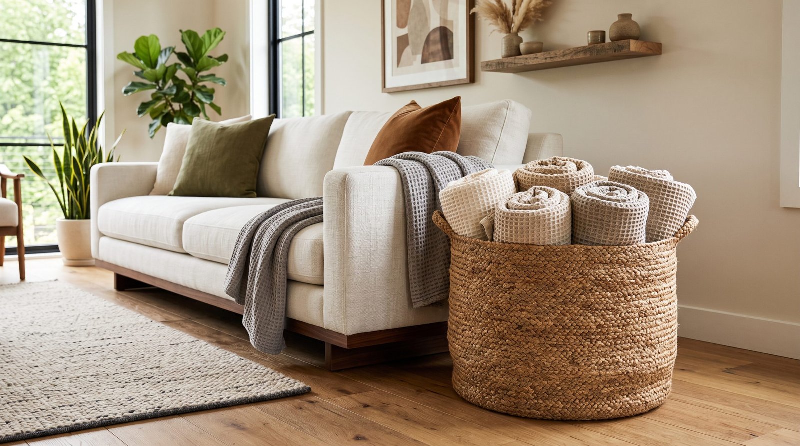 Extra large woven floor basket for blanket and throw pillow storage ideas
