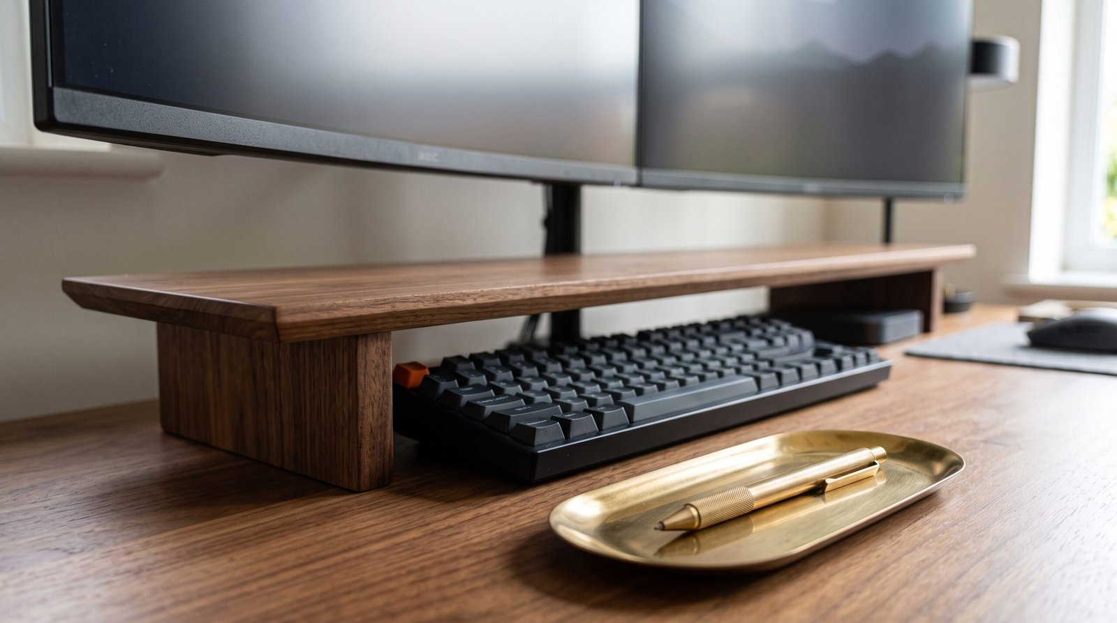 solid walnut dual monitor riser shelf modern home office desk