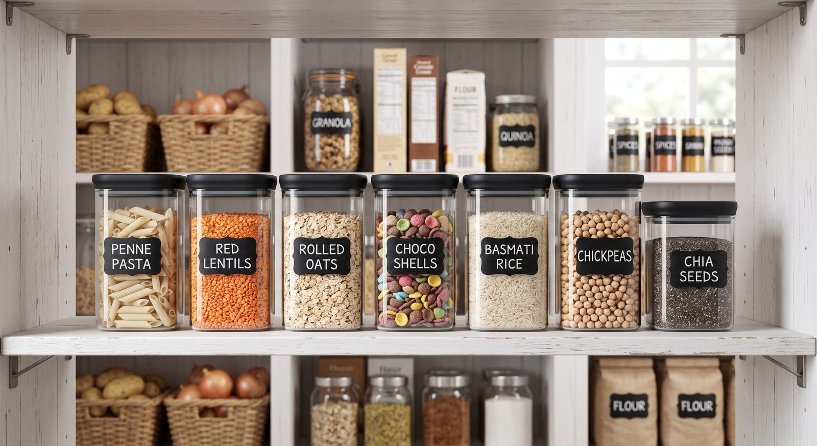 clear airtight dry food storage containers with labels for pantry organization ideas