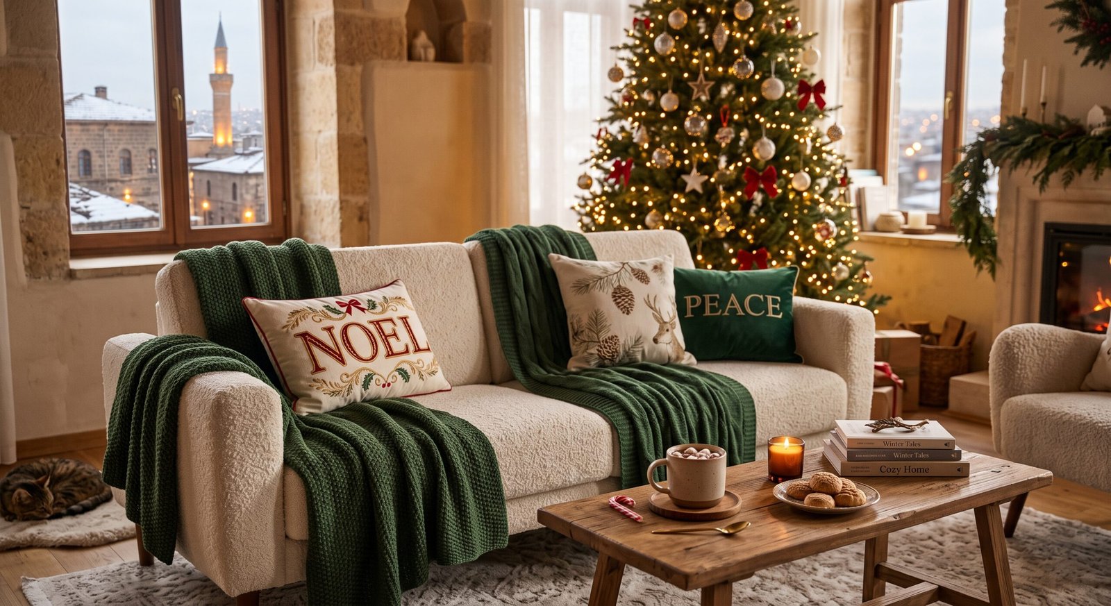Cream sofa with forest green throw blanket and holiday pillow covers