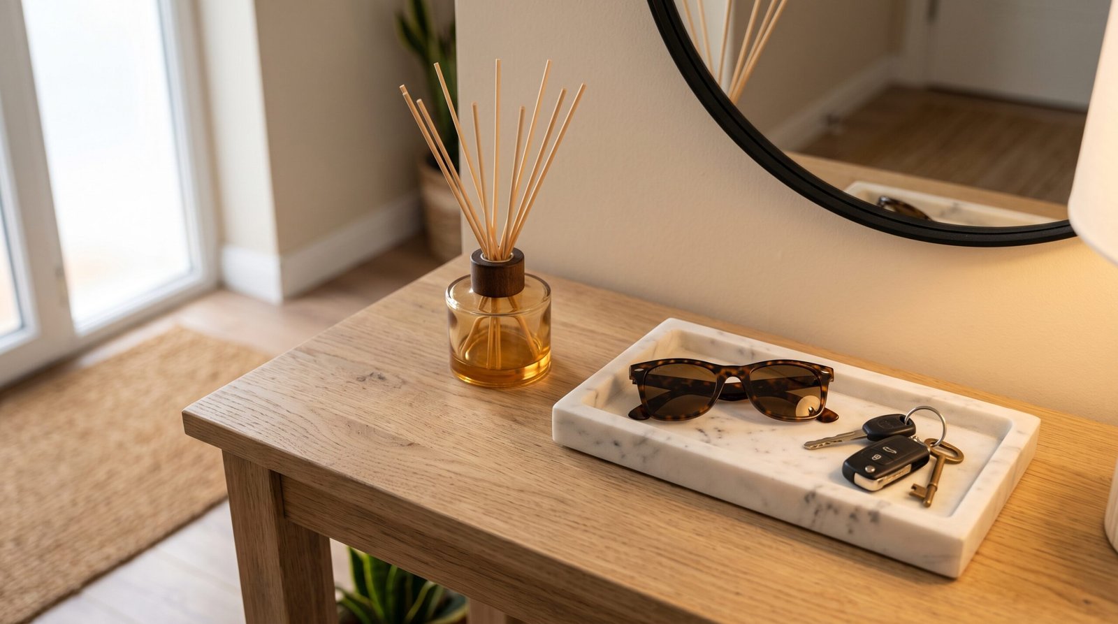 marble catch all tray with amber glass reed diffuser entryway