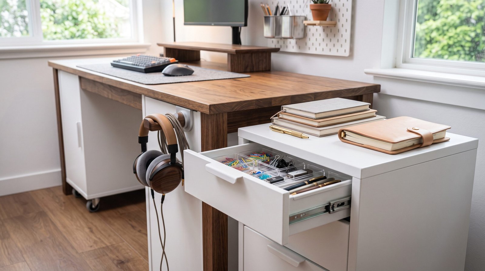 slim white rolling utility storage cart beside modern home office desk