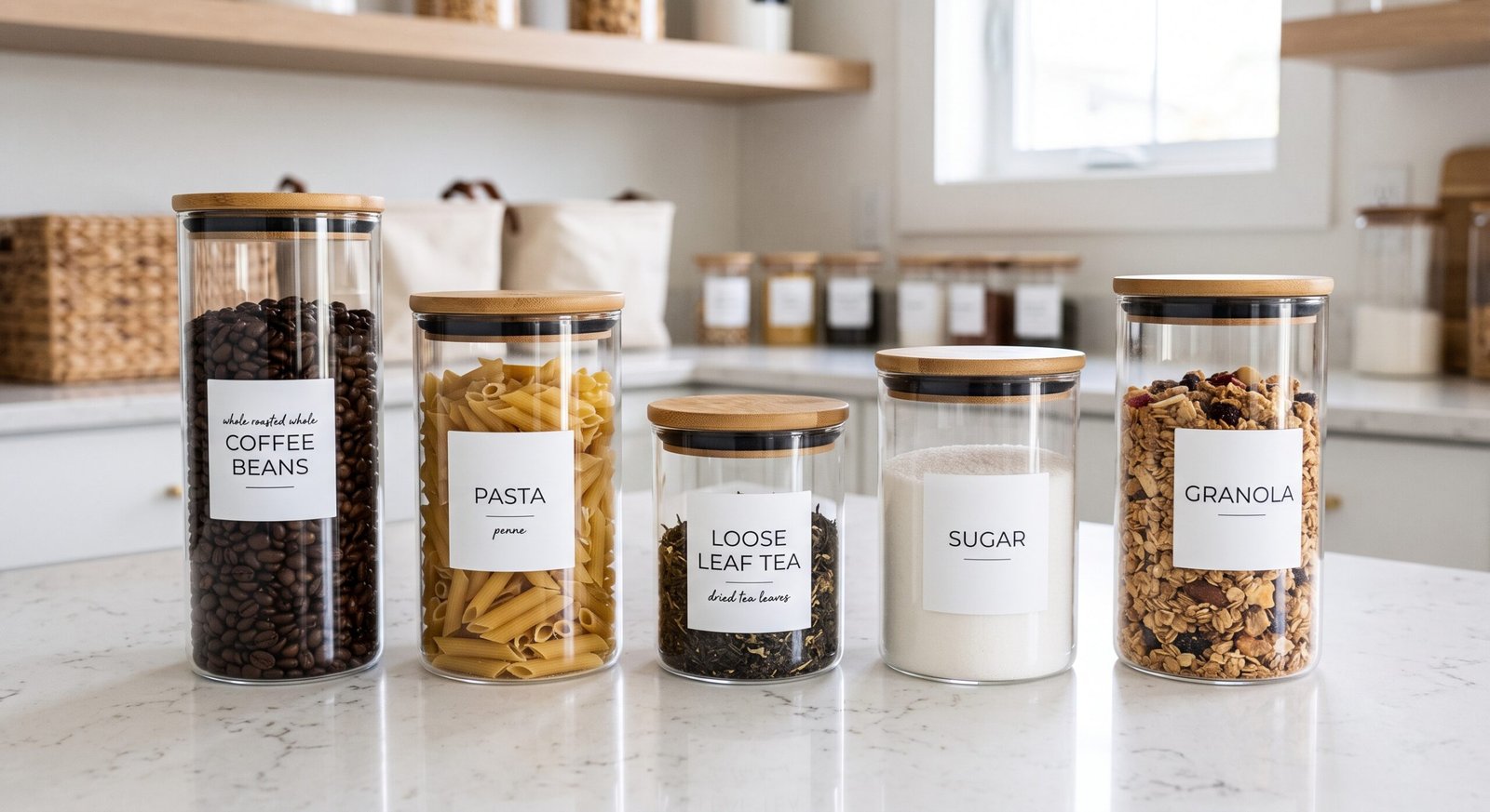 glass food canisters with airtight bamboo lids for aesthetic pantry organization ideas