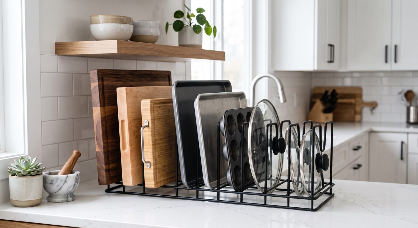 heavy duty cutting board and baking sheet organizer stand
