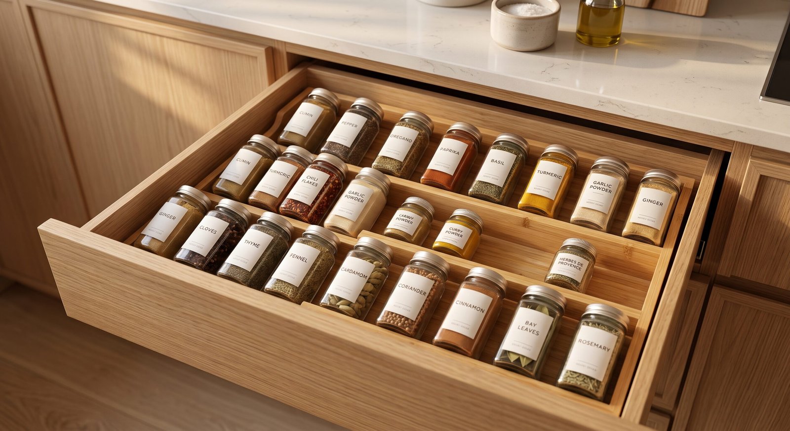 Tiered kitchen drawer spice rack organizer with glass jars