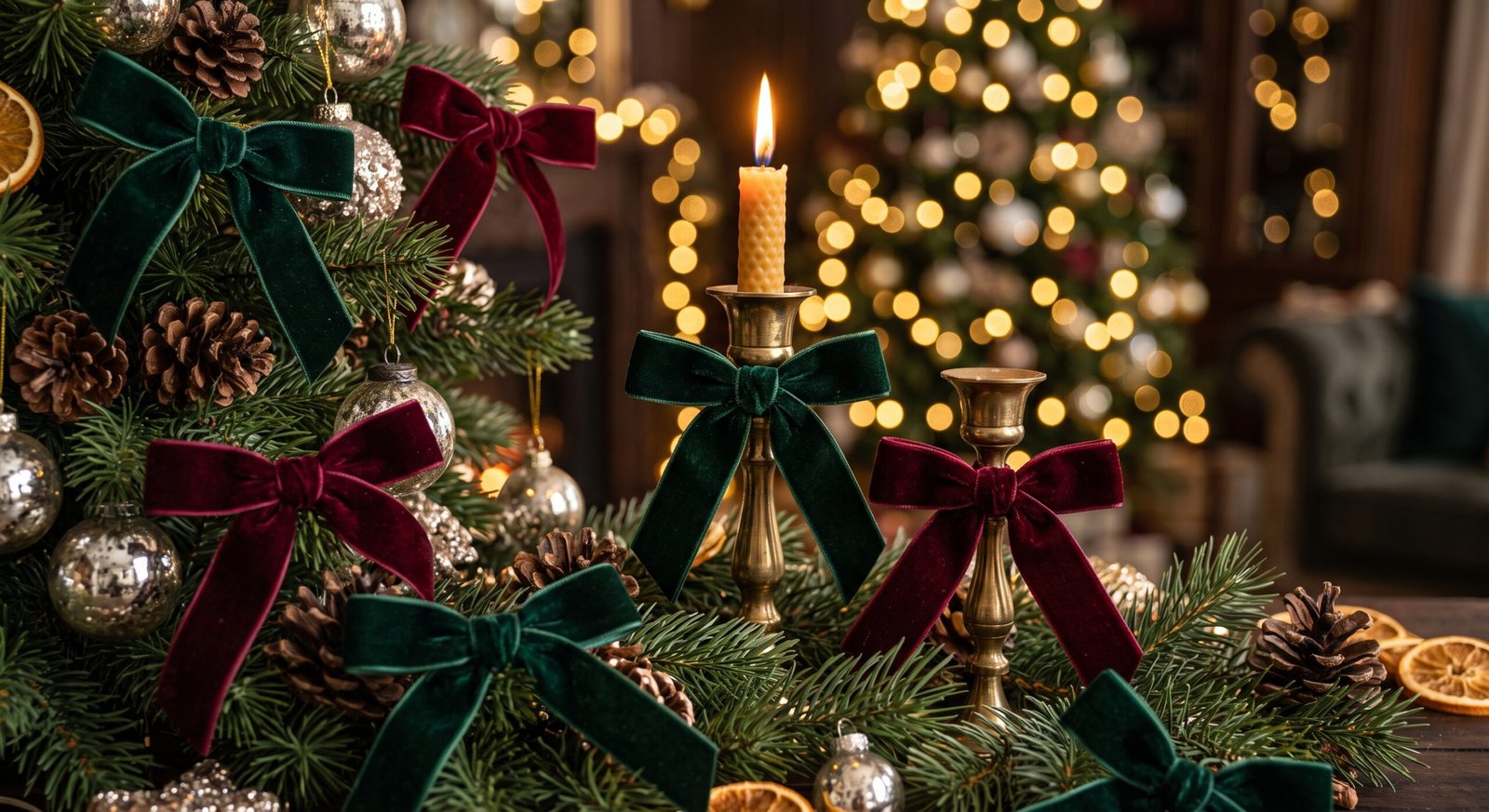 Dark green and burgundy velvet bows tied on Christmas tree branches