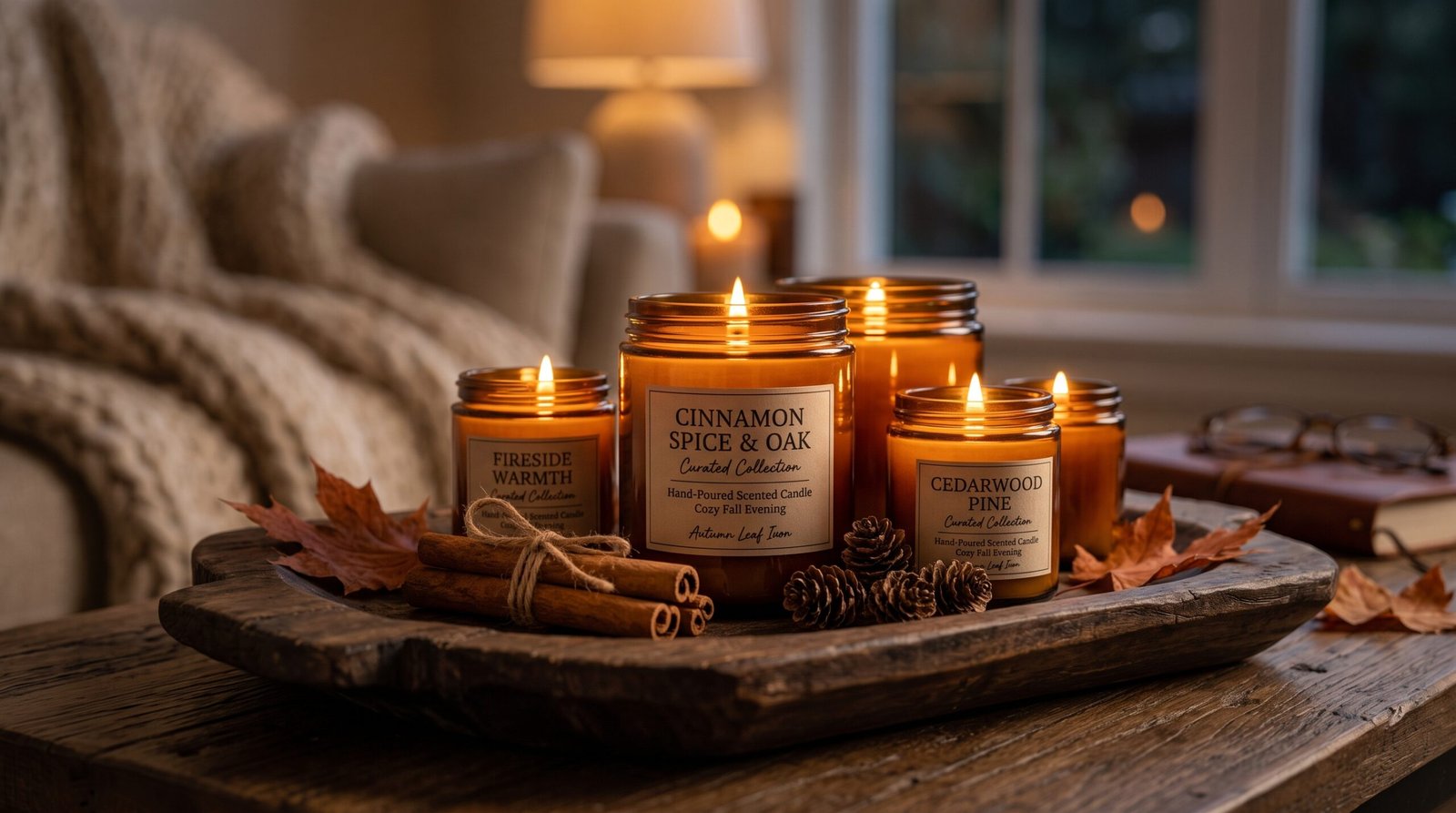 Amber glass scented fall jar candles on wooden coffee table