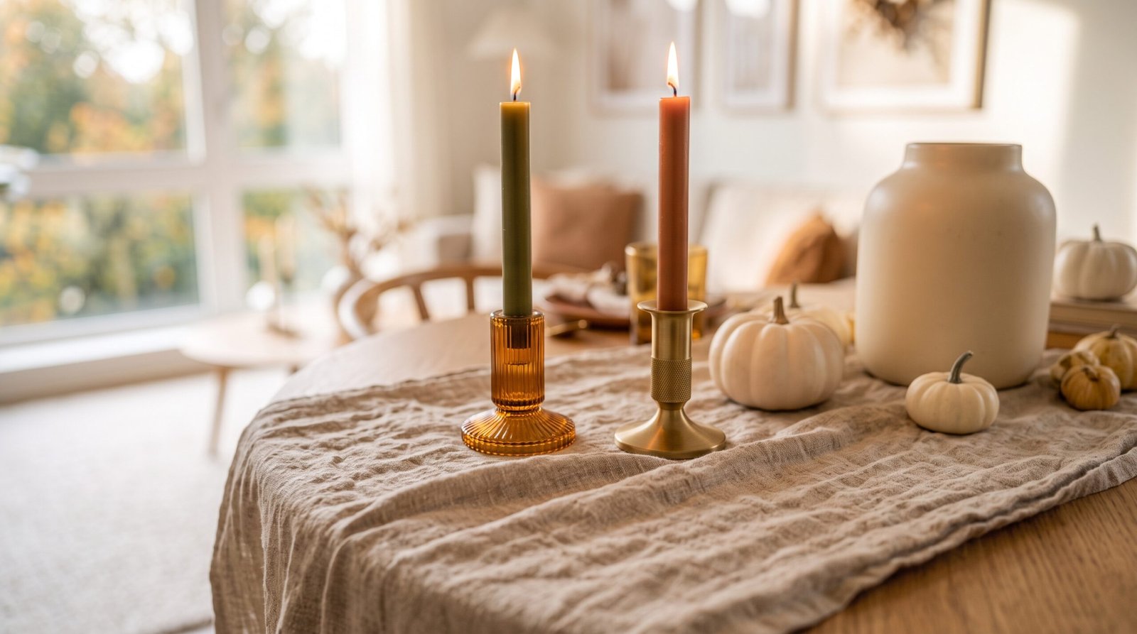 Modern ribbed glass and matte brass taper candle holders on fall dining table