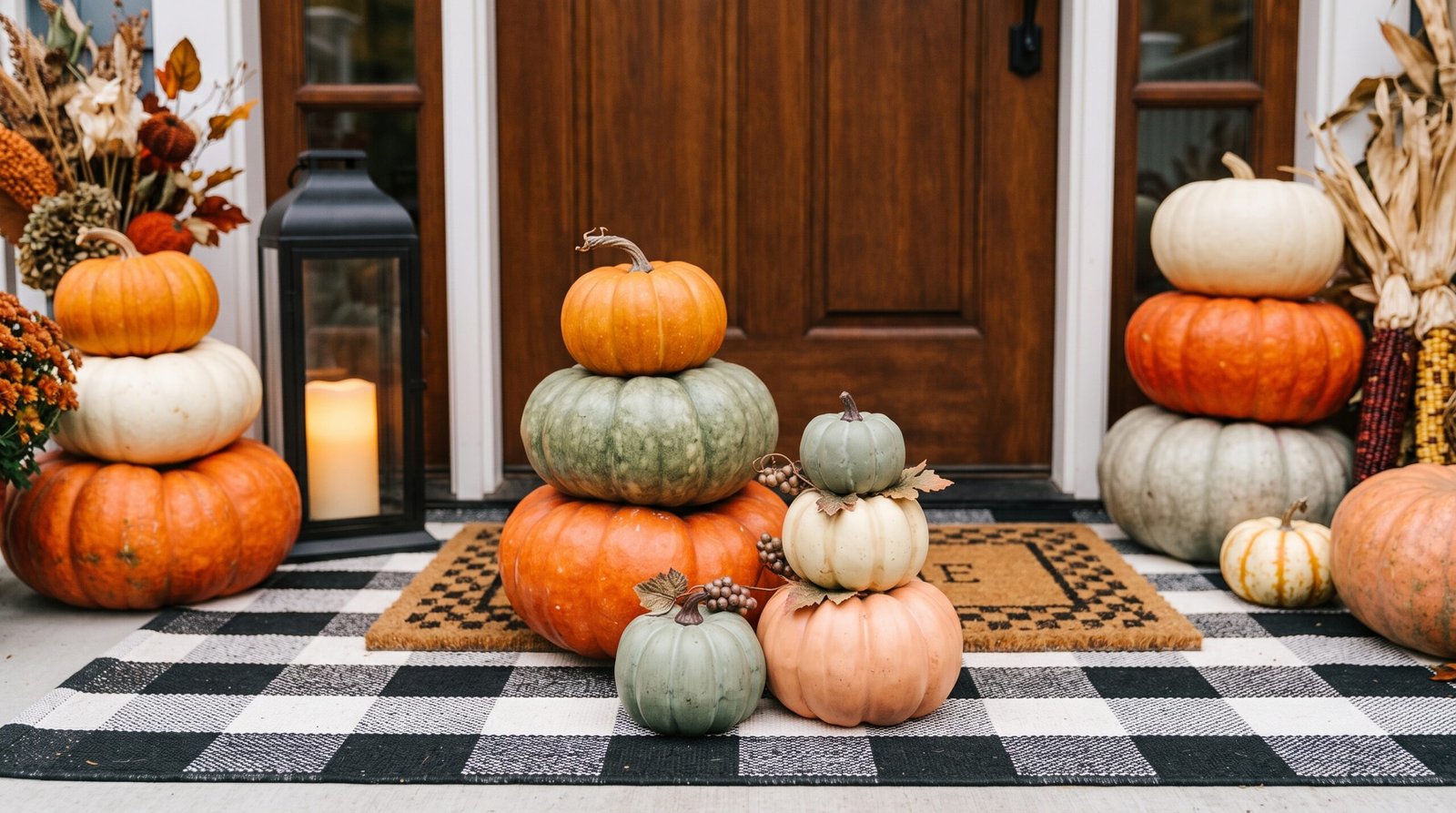 Assorted muted faux pumpkins clustered on small front porch steps for fall decor