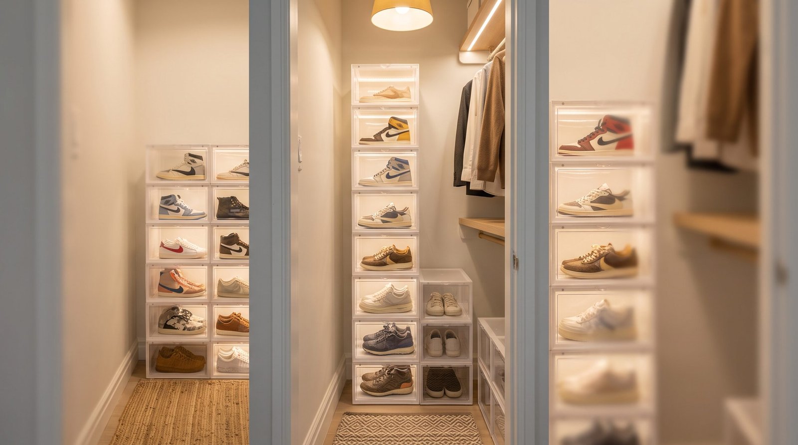 Clear stackable front-drop acrylic shoe display storage boxes in small closet
