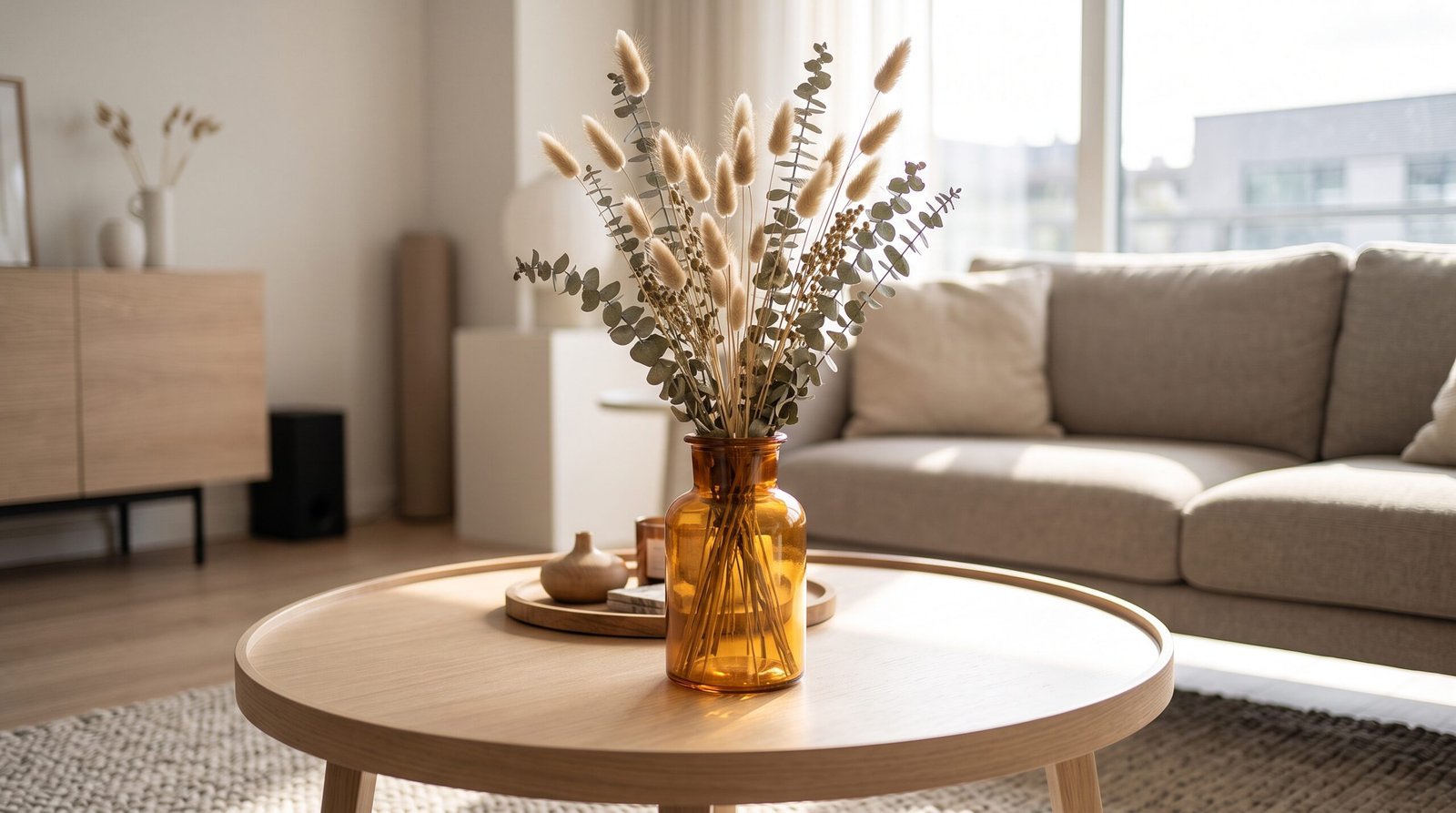 Warm amber glass vase with dried eucalyptus and bunny tails on styled coffee table