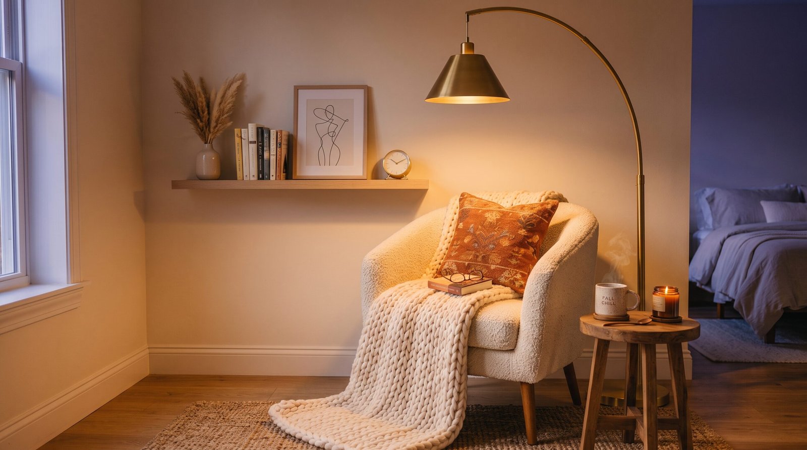 Modern brass arched floor lamp over cozy reading chair in corner nook