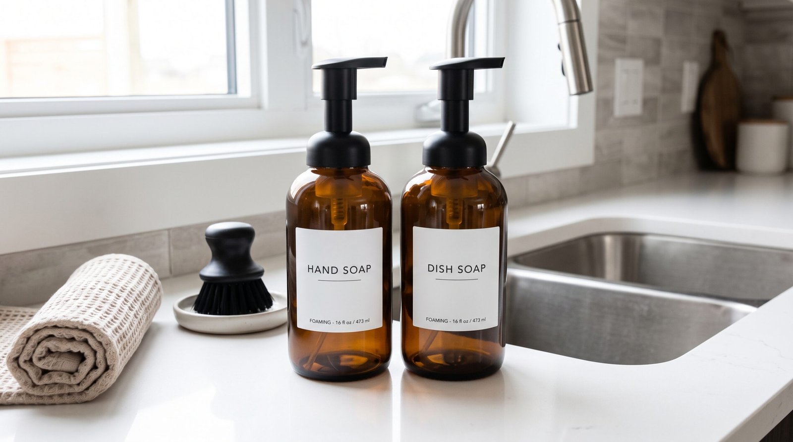 Amber glass soap dispensers for fall kitchen countertop styling ideas