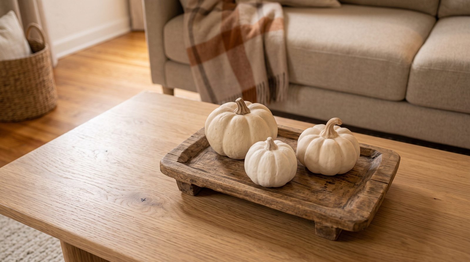 Minimalist white ceramic pumpkins for pumpkin and plaid living room decor ideas