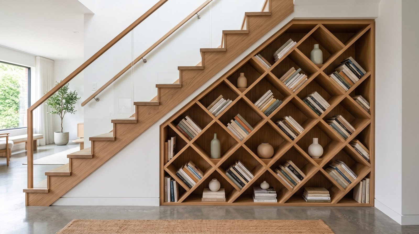 Floor to ceiling bookshelves for under stairs storage ideas to maximize small spaces