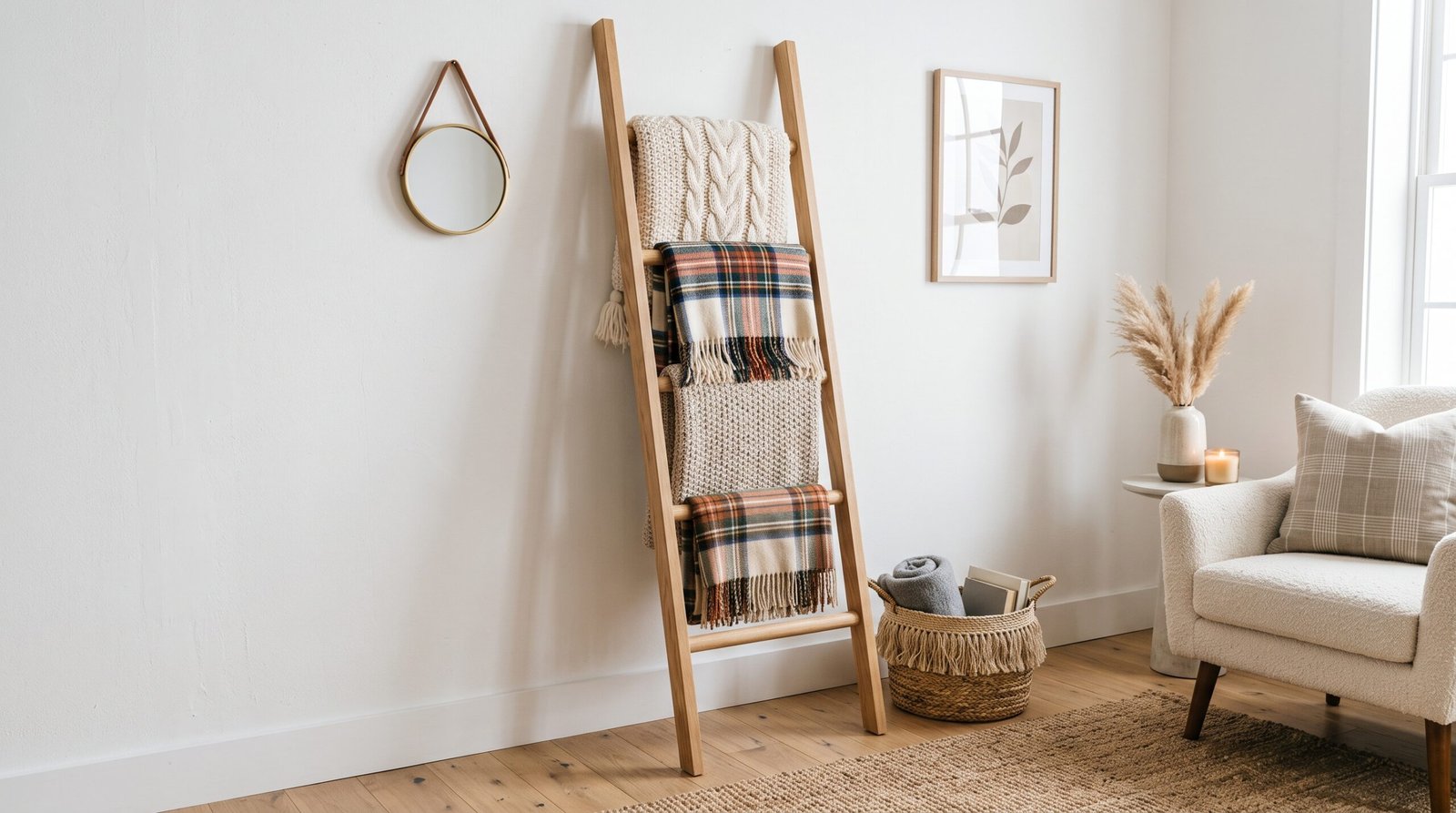 Leaning wooden blanket ladder for blanket and throw pillow storage ideas
