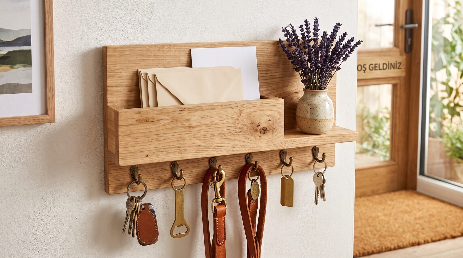 wall mounted wooden key holder with mail slot and hooks