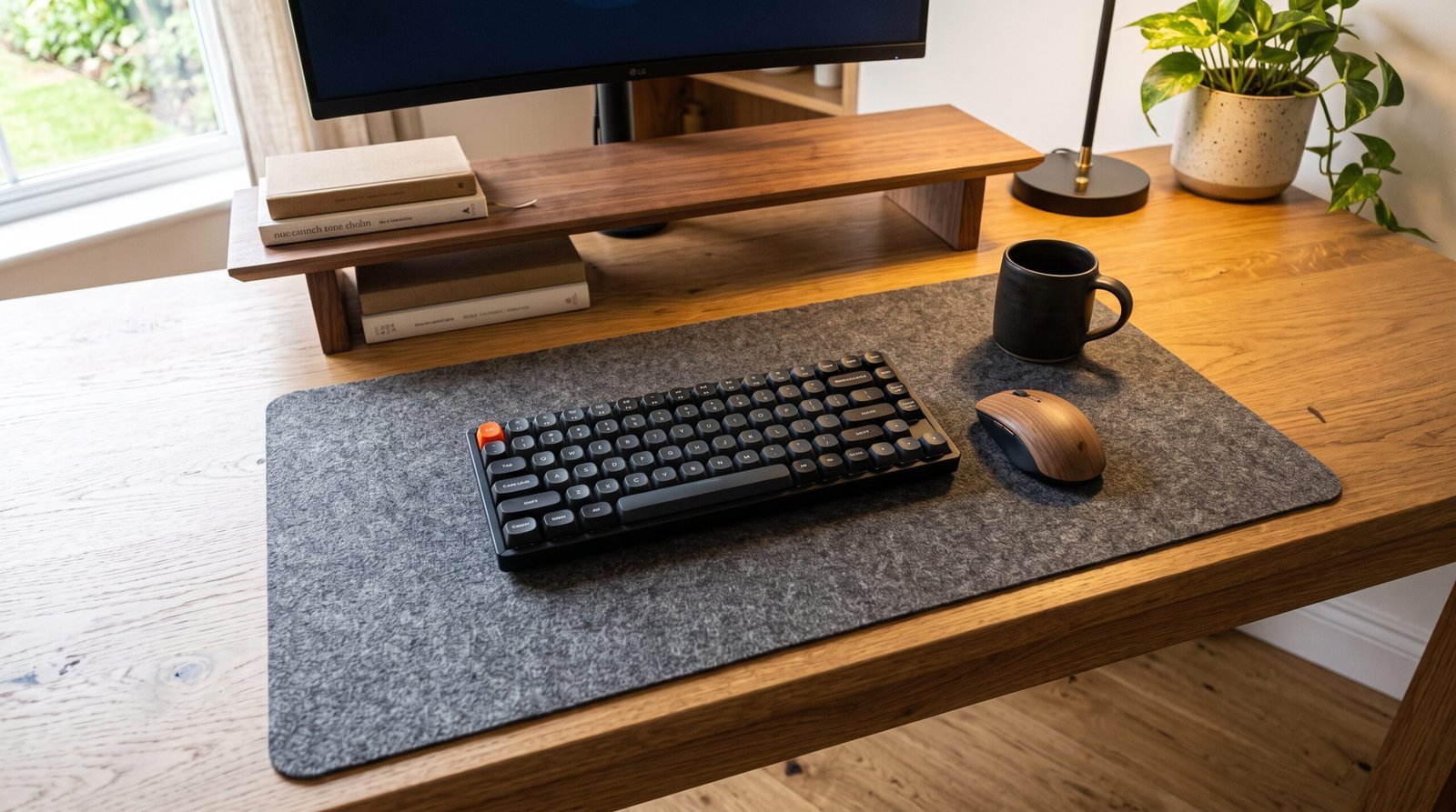 dark grey wool felt desk pad on wooden office desk