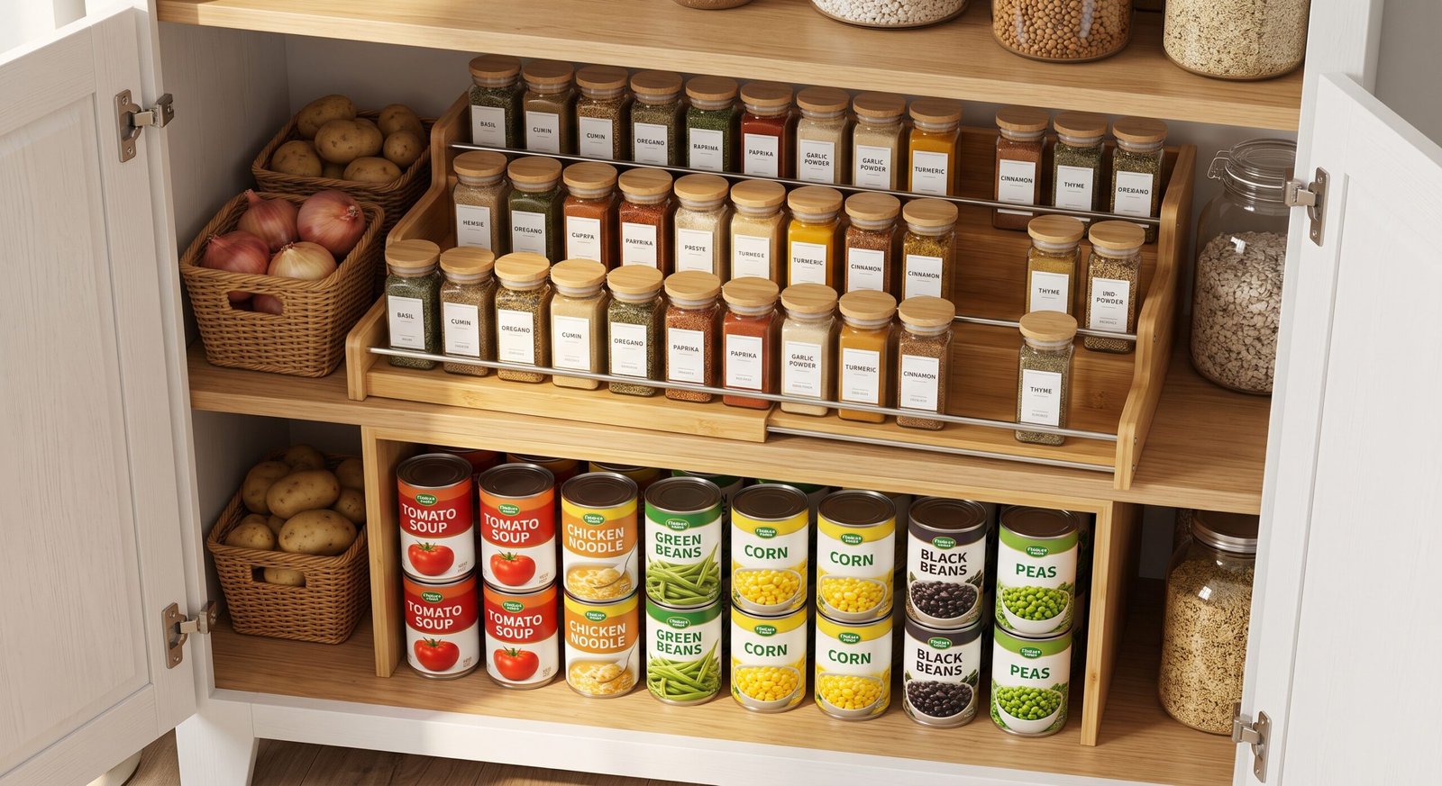 expandable 3 tier spice and can shelf organizer for pantry organization ideas