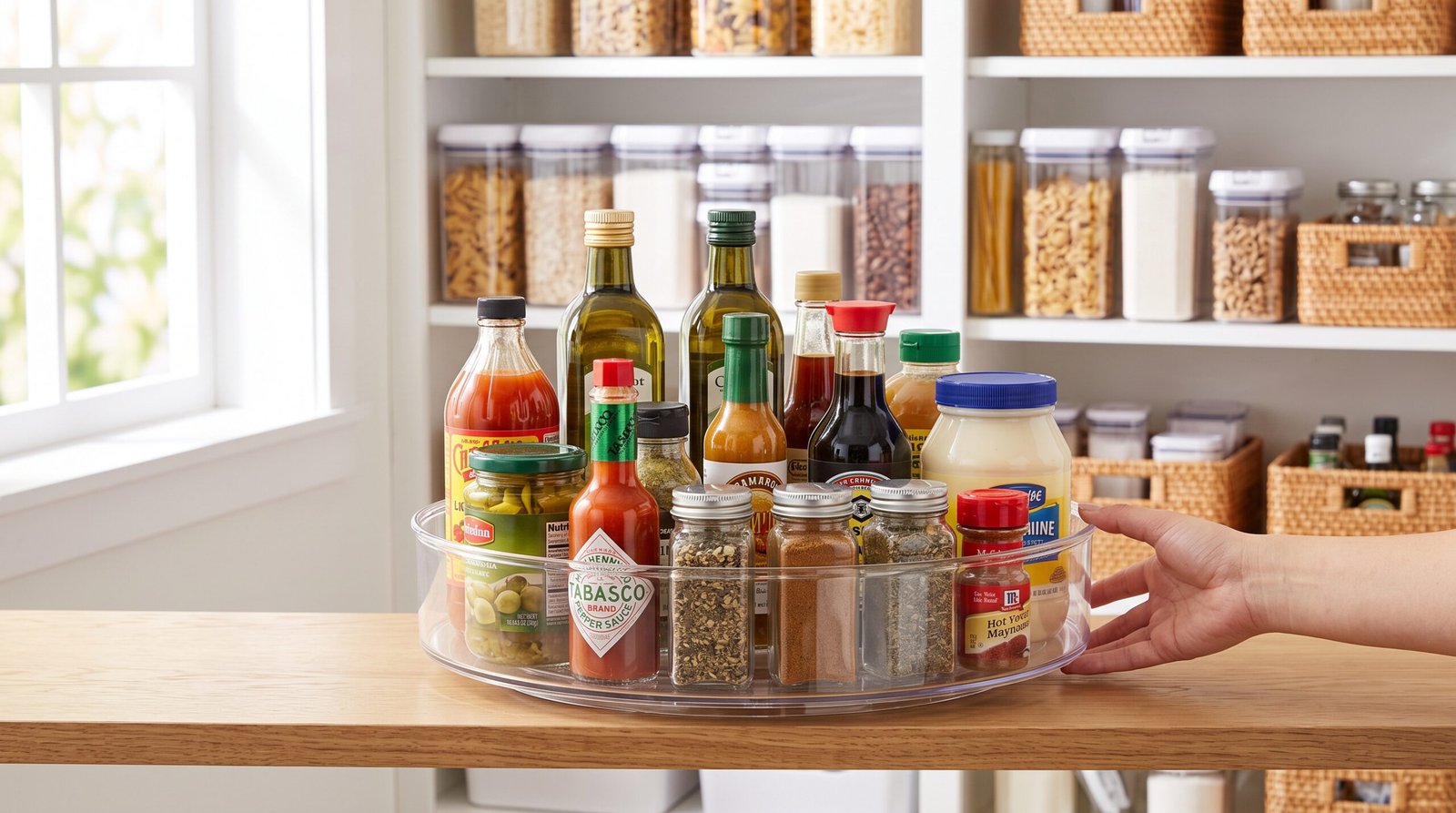 clear rotating lazy susan turntable organizer for kitchen pantry organization ideas