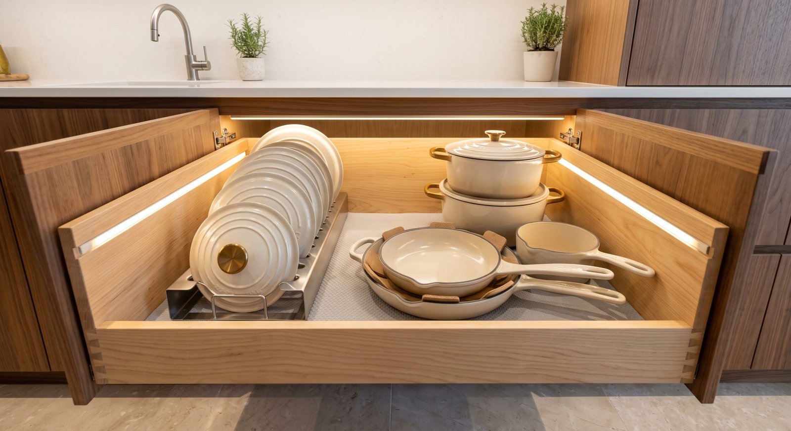 Deep kitchen drawer organizer for pots and pan lids