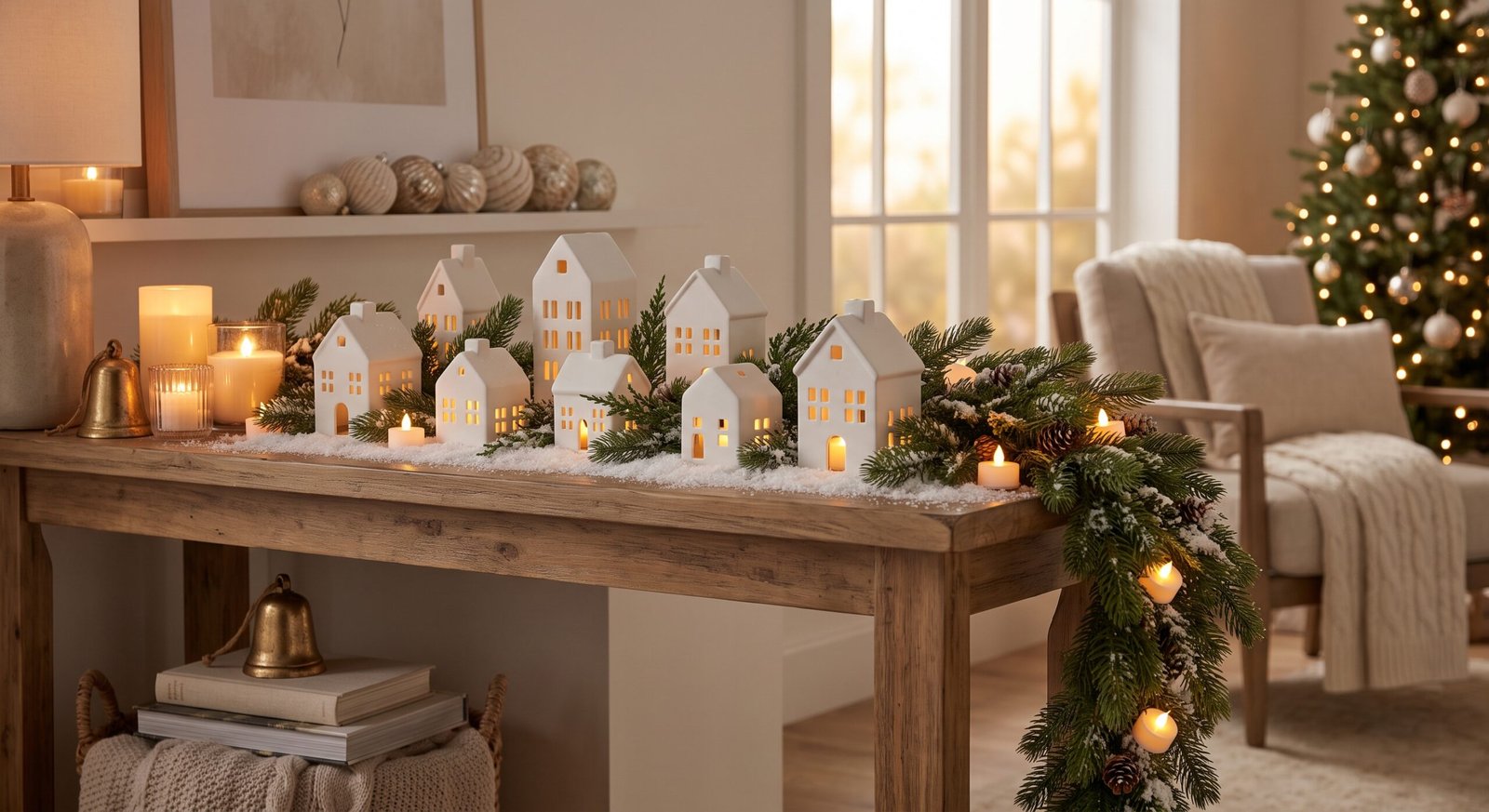 White ceramic village houses glowing with tea lights on console table