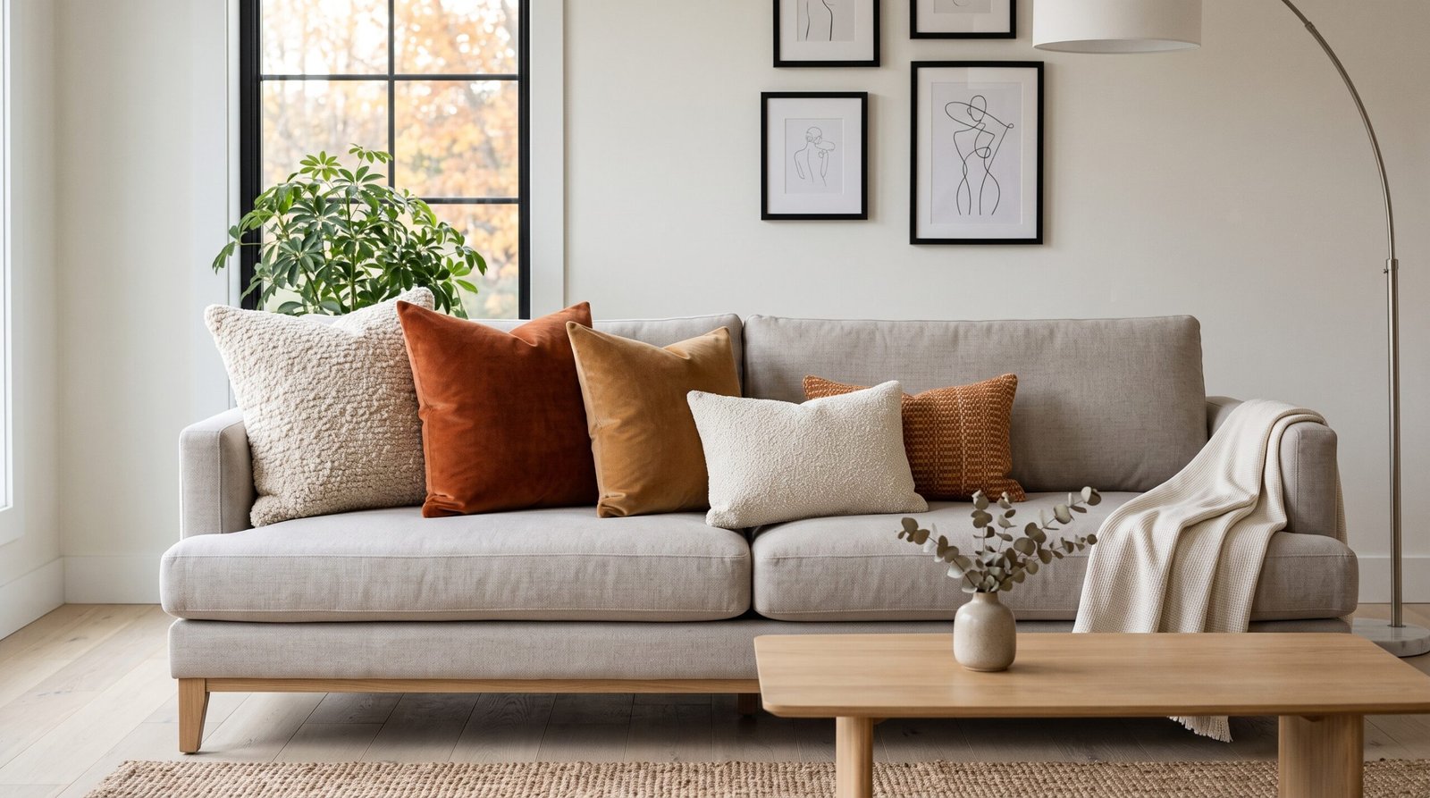Velvet and boucle fall throw pillow covers in neutral living room