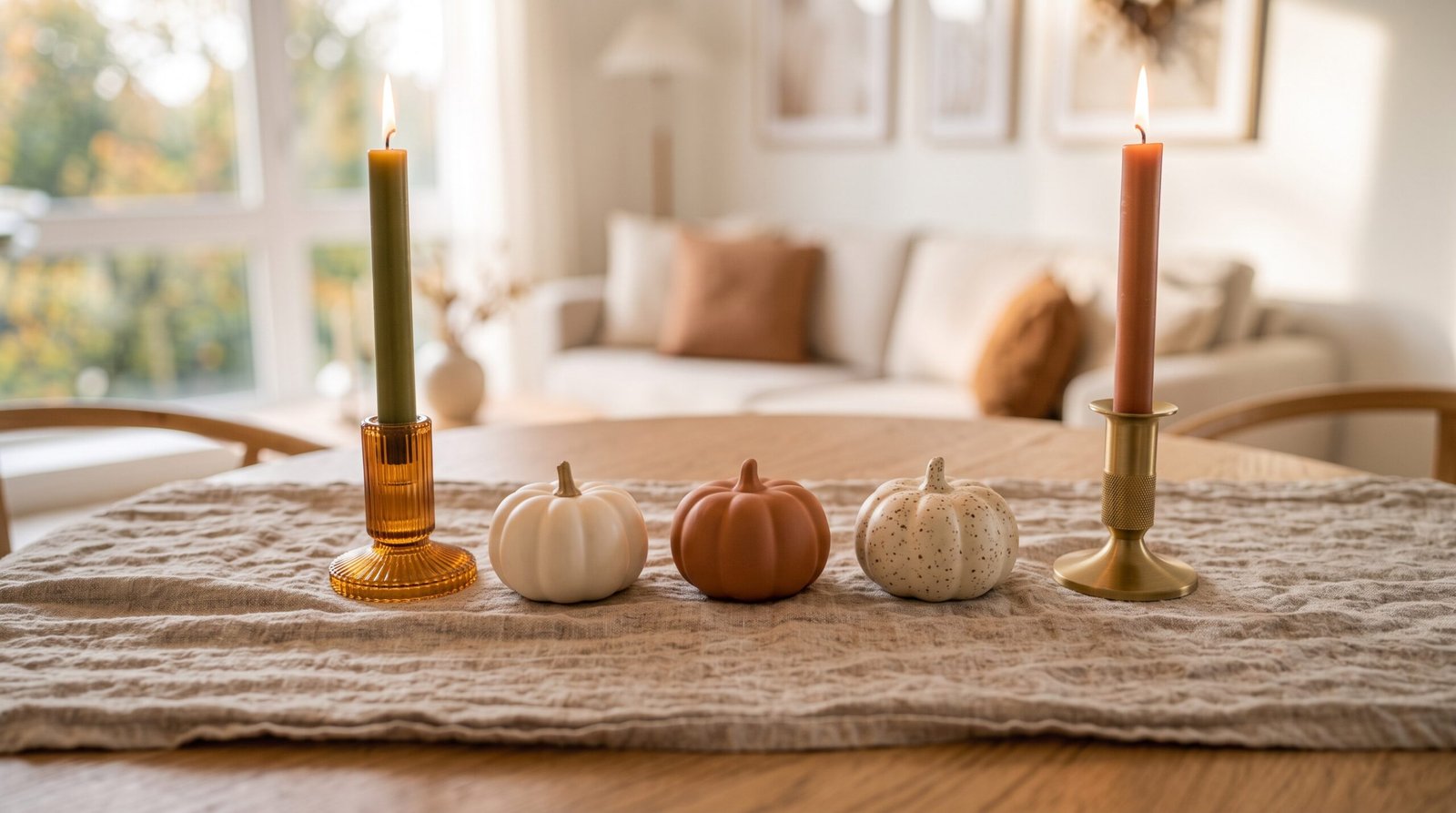 Mini modern matte ceramic decorative pumpkin trio on fall dining table runner