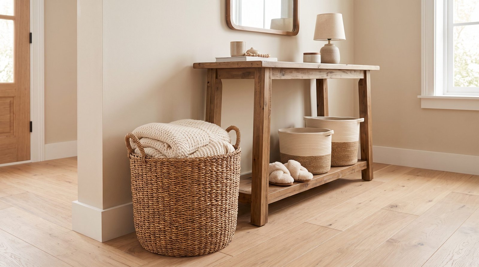 Budget-friendly woven seagrass floor basket with folded throw blankets in entryway