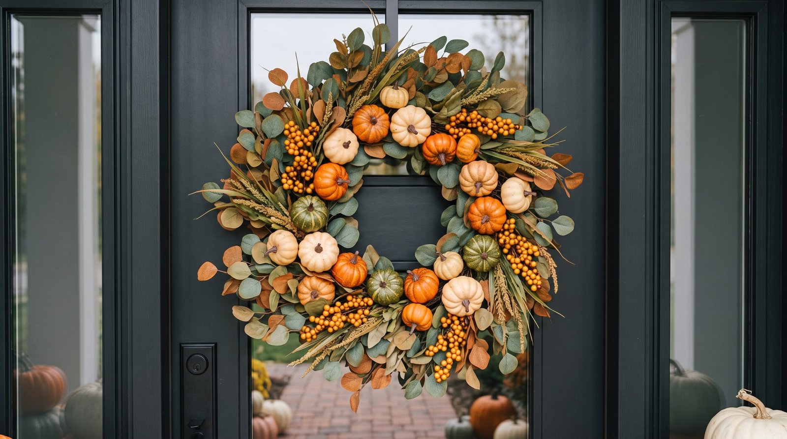 Rustic autumn front door wreath with faux eucalyptus mini pumpkins and berries