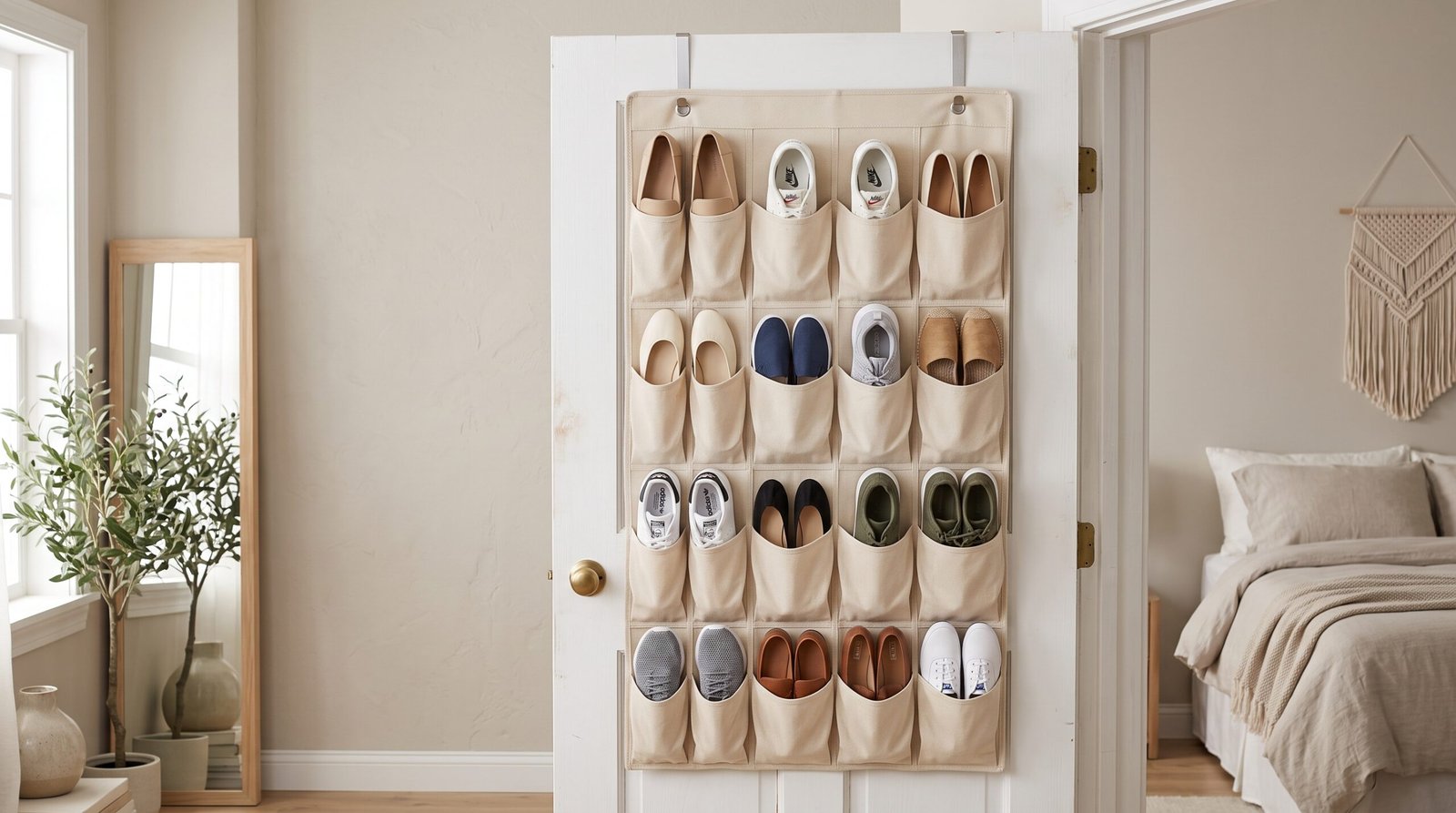 Neutral beige fabric over the door hanging shoe organizer on closet door