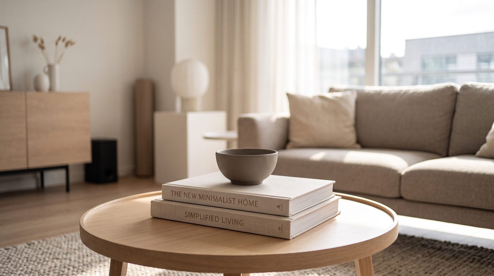Neutral hardcover coffee table books stacked horizontally with ceramic bowl on top