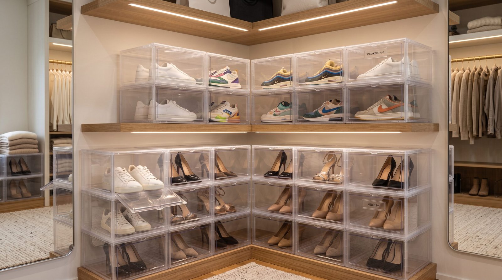 Stackable clear drop-front shoe boxes as modern closet organization essentials