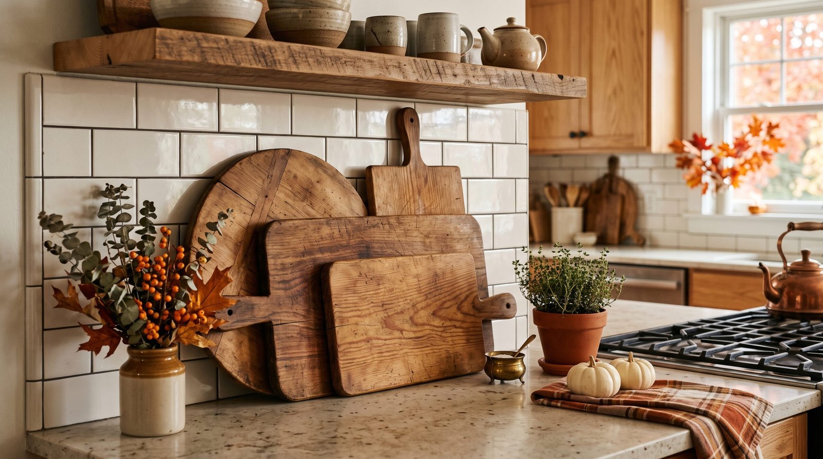 Layered wooden cutting boards against backsplash for fall kitchen countertop styling ideas