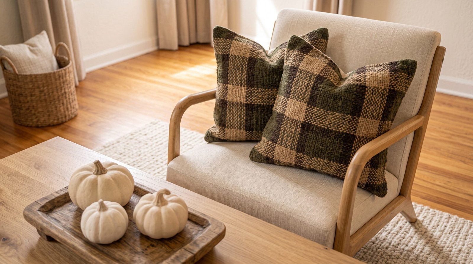 Subdued tartan plaid pillow covers on armchair for pumpkin and plaid living room decor ideas