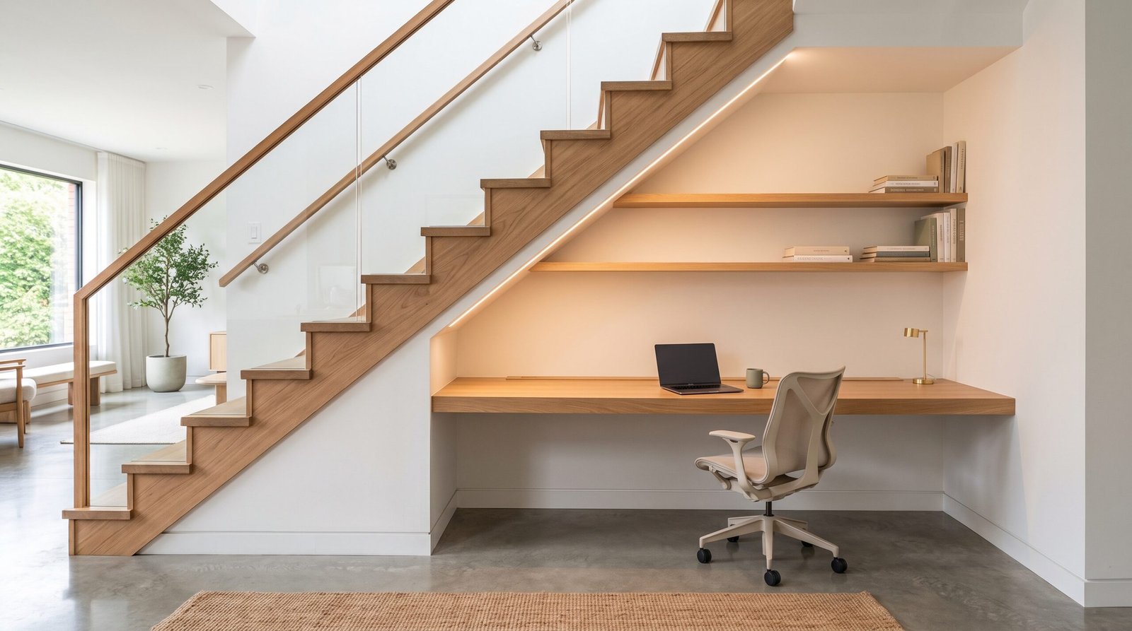 Compact home office desk setup for under stairs storage ideas to maximize small spaces